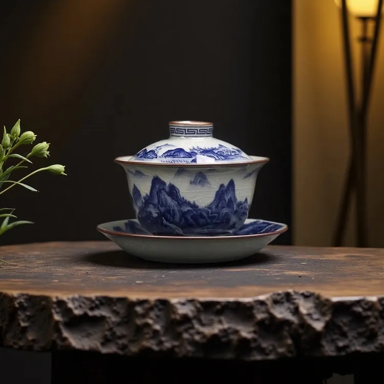 正宗景德镇三才悬停盖碗冰裂纹千里江山家用陶瓷茶具防烫手釉下彩