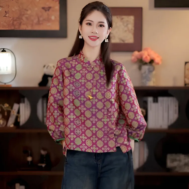 新中式国风红色人丝提花七分袖上衣女2025秋立领斜襟盘扣复古衬衣