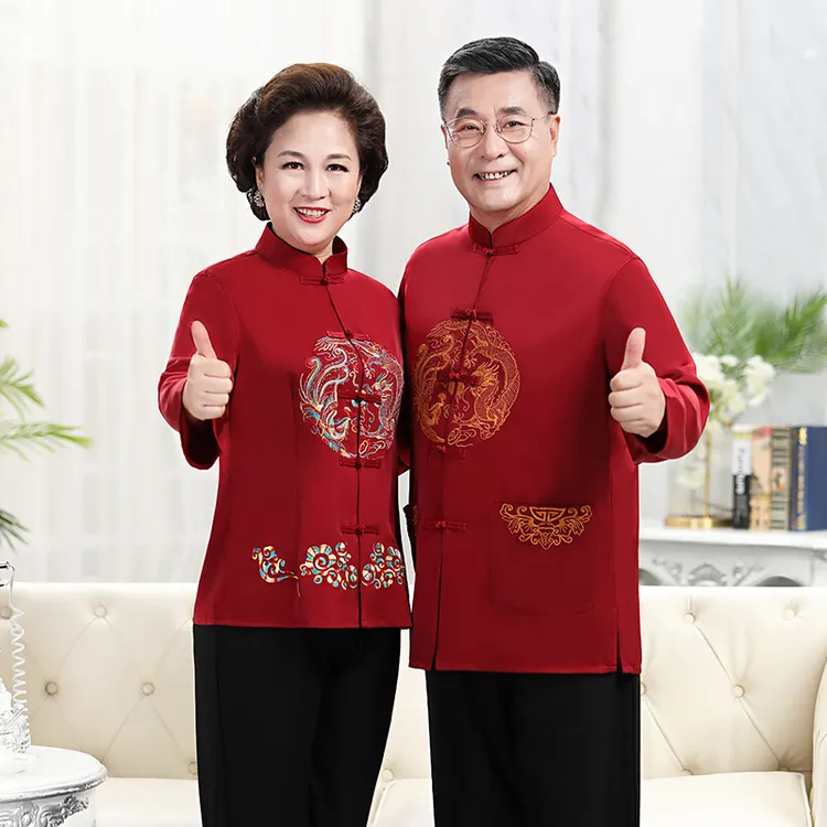 新款唐装春夏中老年人长袖薄款爷爷奶奶红色过寿生日情侣中式套