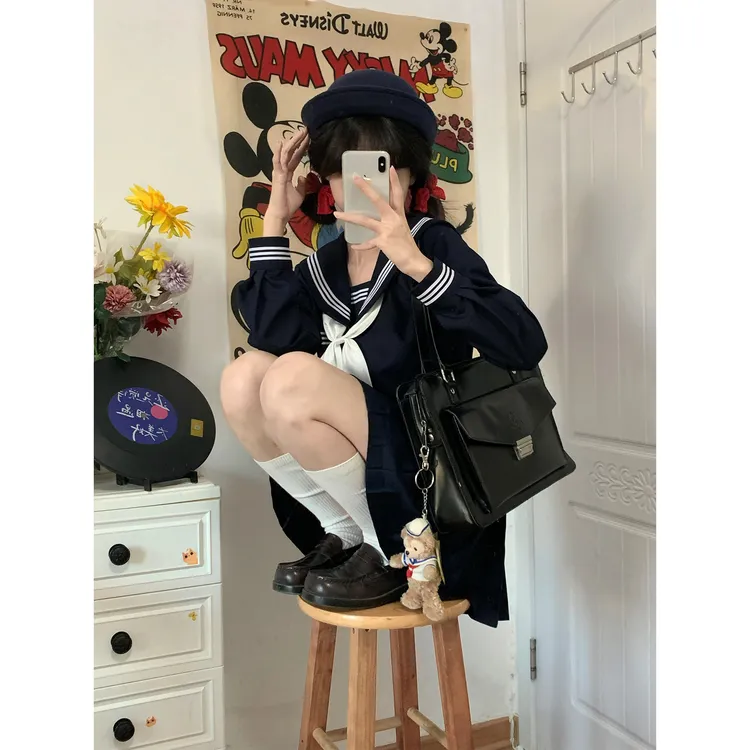 落川【新绀三本】原创水手服jk正版日系制服套装学生学院风校供感