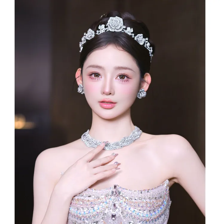 合金婚庆饰品 玫瑰花造型发箍皇冠+耳饰新娘套装AA34