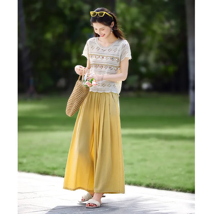 尚静民族风套装裙女2025夏季新款气质镂空针织衫高腰阔腿裤休闲裤