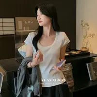 【海南肉丝】韩系简约U领小小刺绣上衣6113