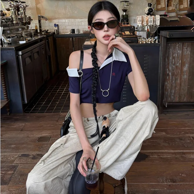 美式复古polo翻领短袖t恤女夏季撞色拼接短款显瘦辣妹上衣工装裤