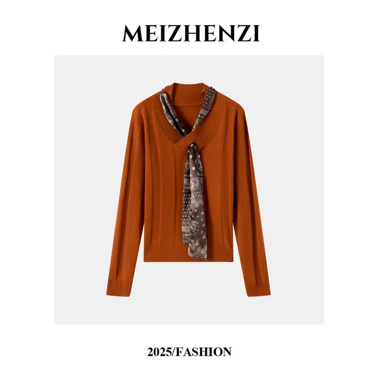 MEIZHENZI【绵羊毛+山羊绒】气质V领套头针织衫女毛衣（配丝巾）