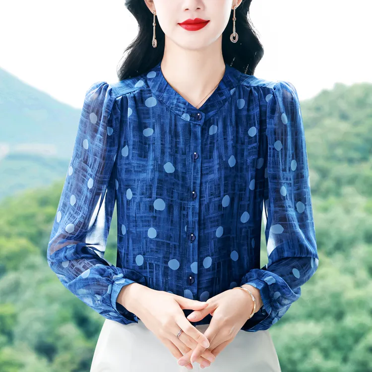 2025秋季新品蓝色波点复古设计感漂亮显瘦大码女士长袖衬衫潮609