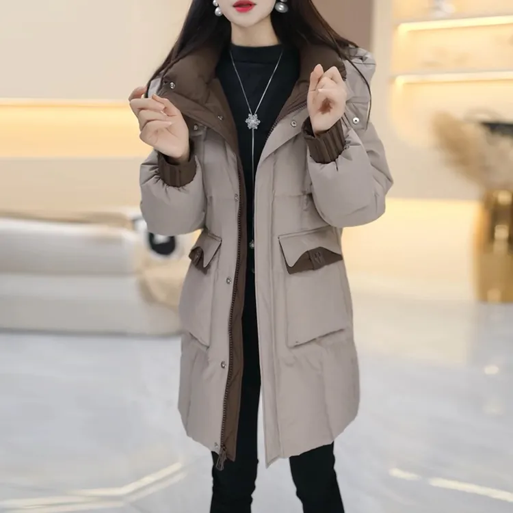 时尚轻奢风宽松简约连帽羽绒服女冬季2025新款加厚中长款保暖外套