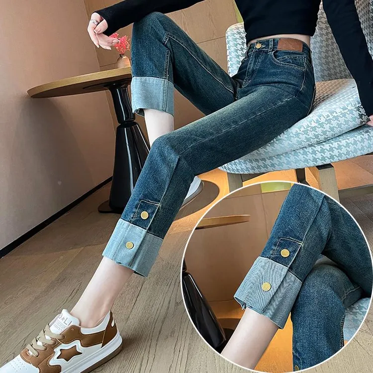 杜拉妮八分牛仔女裤烟管裤小个子裤子秋季新款高腰拼接窄版直筒裤