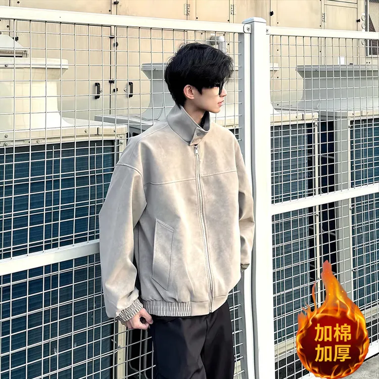 秋冬季新款皮夹克男士加棉加厚扎染立领棉衣大码外套潮流宽松棉服