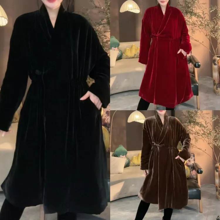 丝绒盘扣侧系抽绳长款棉衣(走秀款)