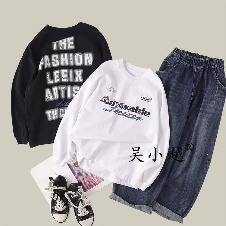 吴小越w1438男童春秋装圆领套头白色棉t恤长袖中大童儿童打底衫