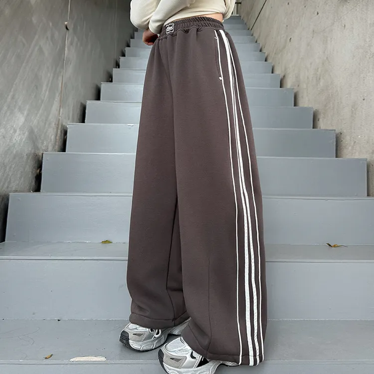 小女孩女童拉条卫裤洋气织带休闲裤6-12岁一体绒阔腿裤显瘦直筒裤