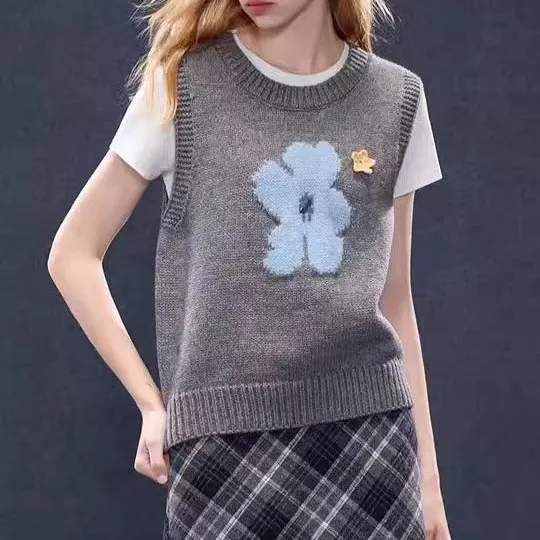 2025秋季新款针织马甲花朵无袖背心毛衫毛衣叠穿套头上衣女