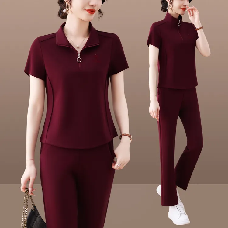 女装短袖休闲运动套装妈妈装翻领T恤薄款夏装中老年运动服宽松夏