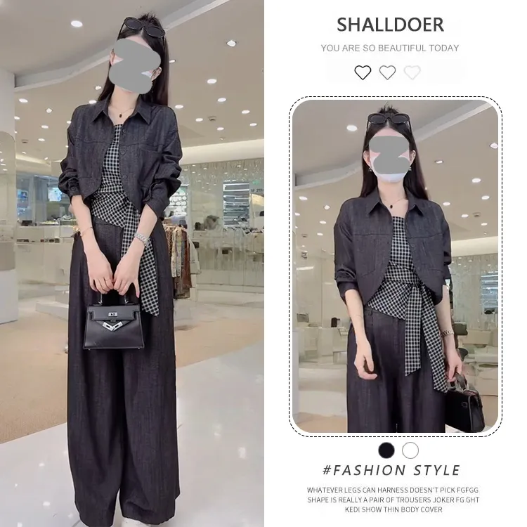 欧货复古高级感套装女2025春秋新款格纹吊带开衫外套阔腿裤三件套