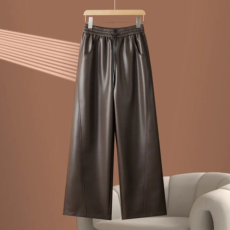 春秋新款2025海宁皮裤女长裤绵羊皮直筒阔腿裤松紧腰弯刀裤-2420#