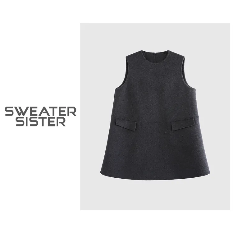 秋冬圆领保暖叠穿双面呢无袖马夹裙女6677-24687