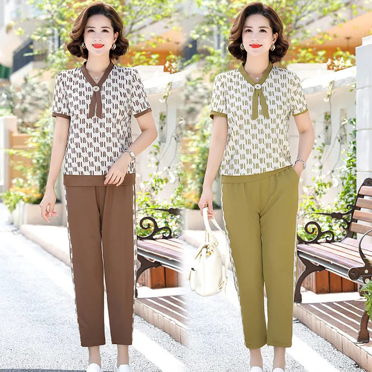 洋气宽松显瘦中老年女装短袖上衣两件套妈妈夏装时尚减龄套装新款