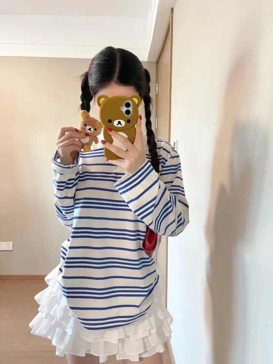 蓝条纹polo衫翻领正肩韩系简约女上衣T恤休闲慵懒风松弛百搭上衣