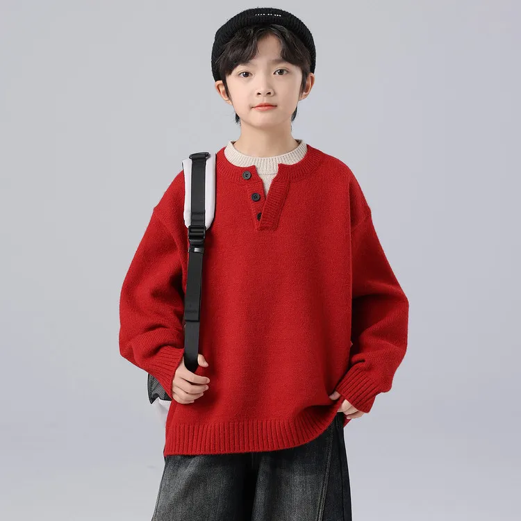 男童秋冬款毛衣2025新款中大童冬装男孩冬季儿童假两件毛线衣时髦