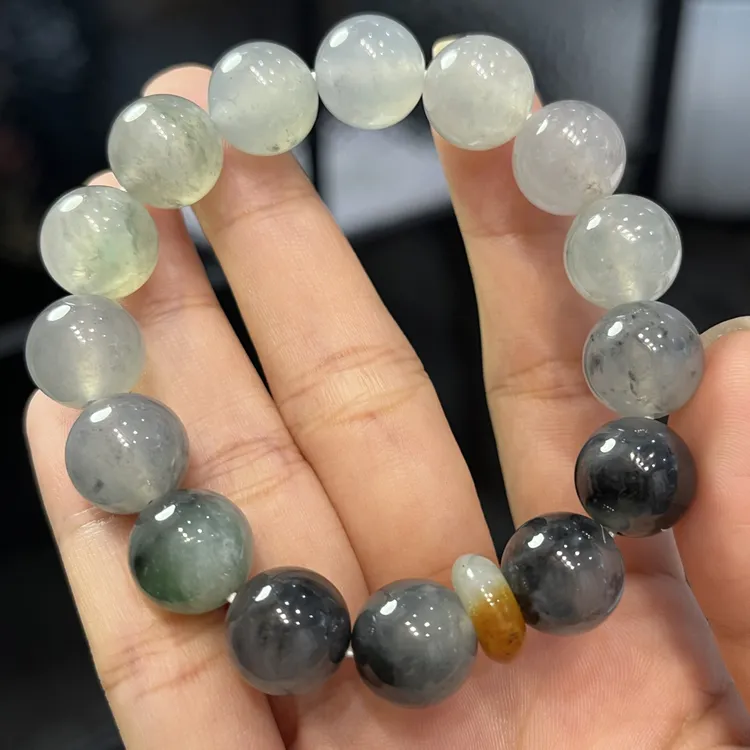 优翠珠宝冰种黑乌鸡翡翠手串冰胶感特色个性飘花12.5mm大气