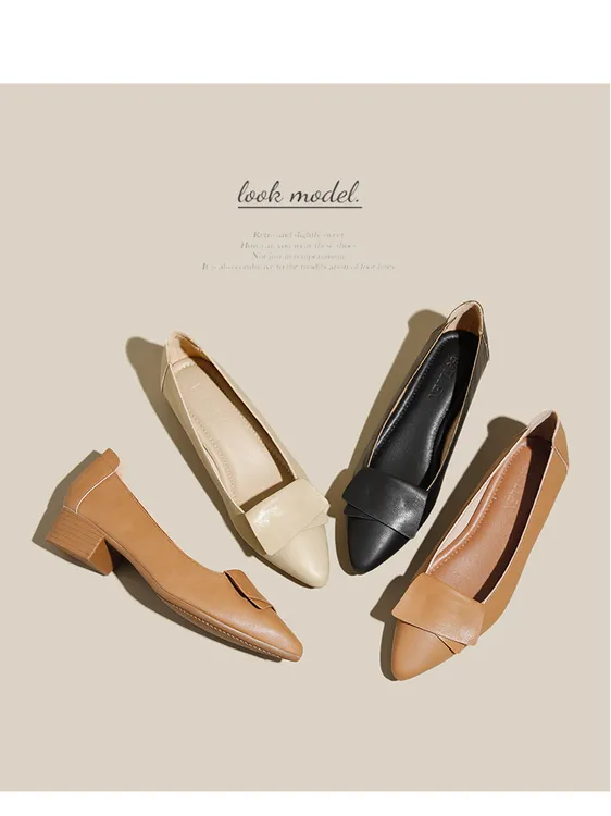 A真皮复古法式平底方头浅口女鞋百搭软底软面粗跟舒适通勤休闲鞋