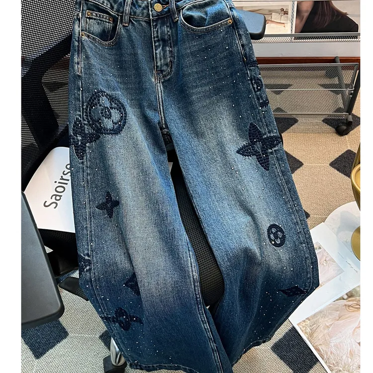 秋冬新款美式重工十字架牛仔直筒裤女欧货高腰个性直筒裤拖地裤