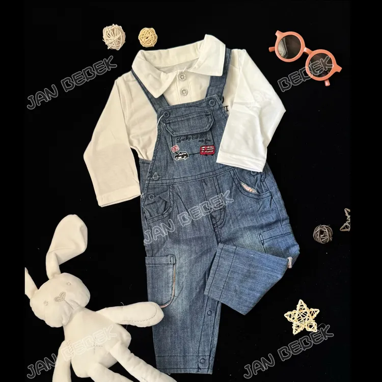 男宝套装2025秋季新款纯棉Polo领刺绣T恤➕汽车款牛仔背带裤套装