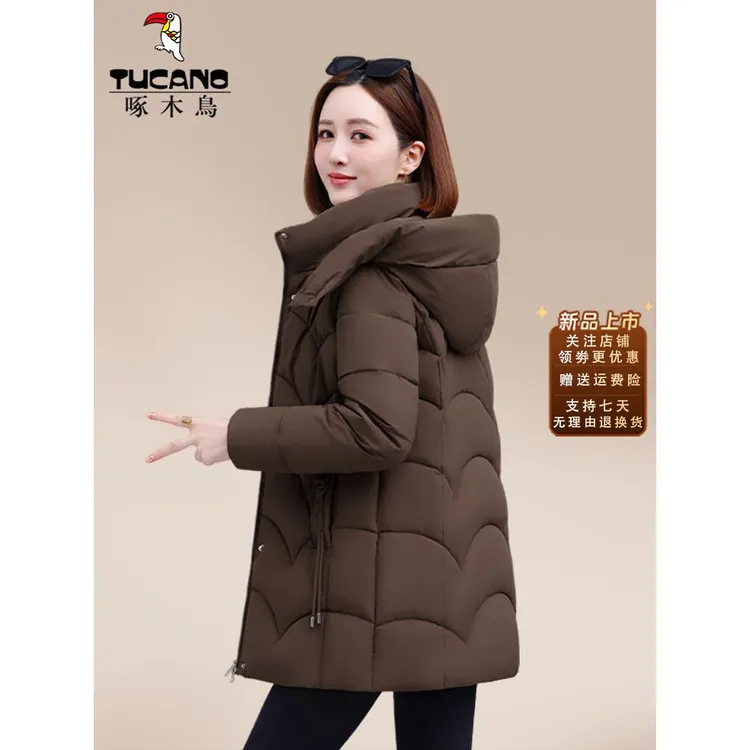 啄木鸟中长款棉服女款2025新款冬季百搭妈妈加厚保暖时尚女士棉袄