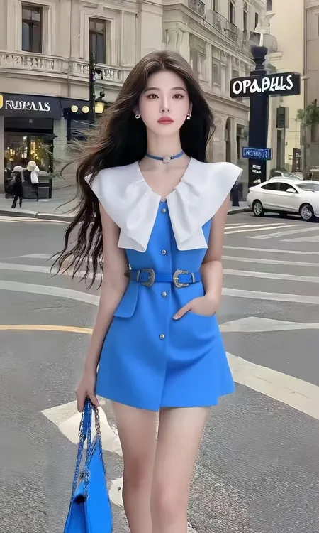 夏季上新轻奢通勤风蓝色V领修身收腰系带连衣裙时尚气质显瘦女装