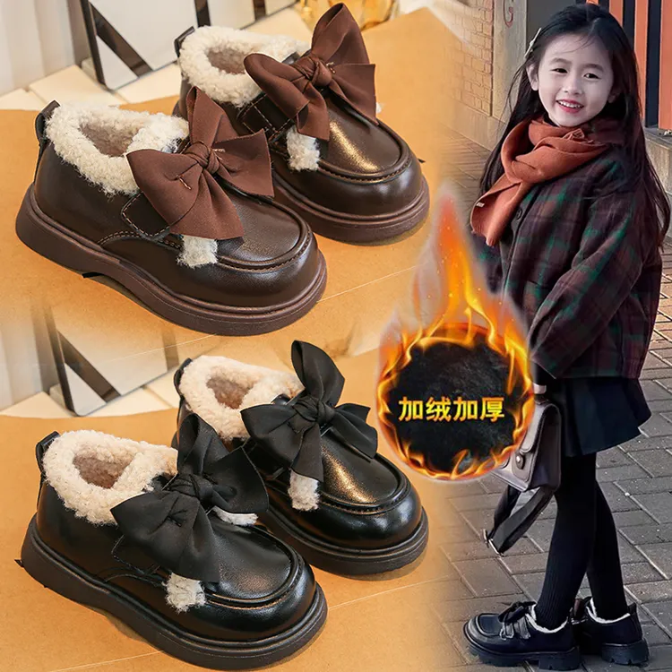 女童皮鞋冬款2025潮牌新款儿童二棉豆豆鞋小女孩公主加绒棉鞋软底