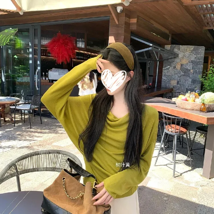 网红洋气炸街荡领斜肩长袖T恤女装秋季宽松显瘦独特漂亮百搭上衣