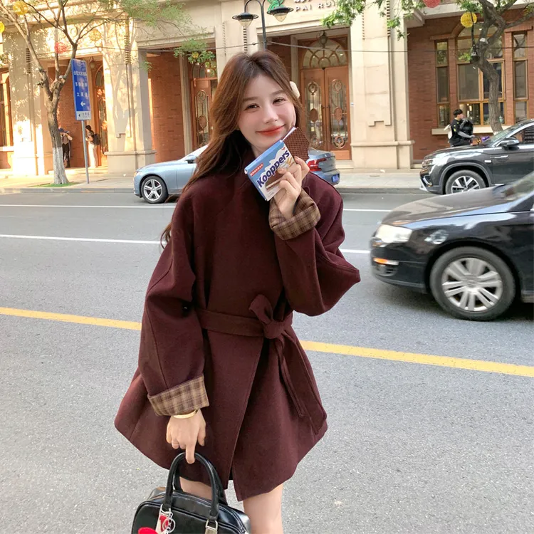 格子拼接毛呢外套女2025春秋新款韩剧女主穿搭氛围感复古呢子大衣