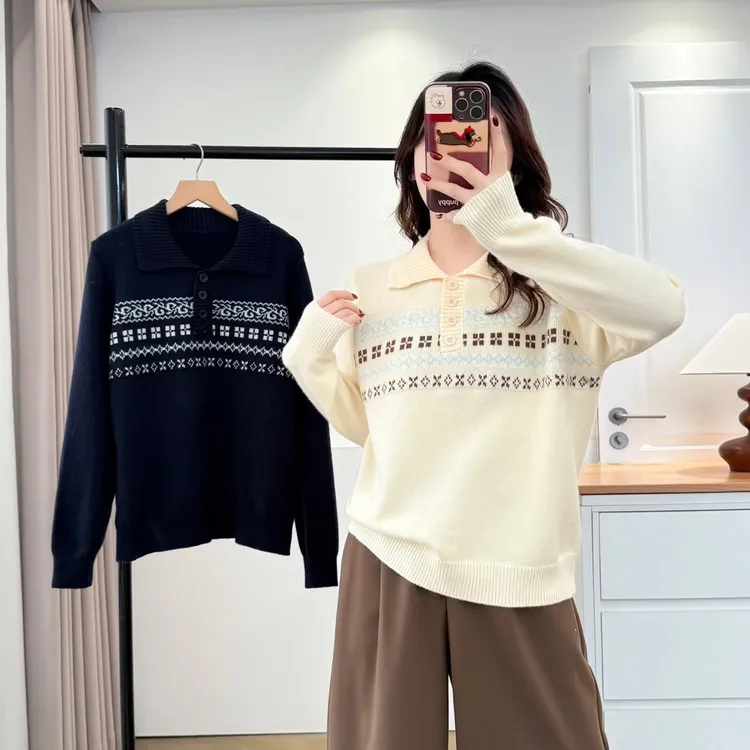 大码胖mm秋冬费尔岛风慵懒松弛感毛衫宽松套头显瘦针织衫毛衣9986