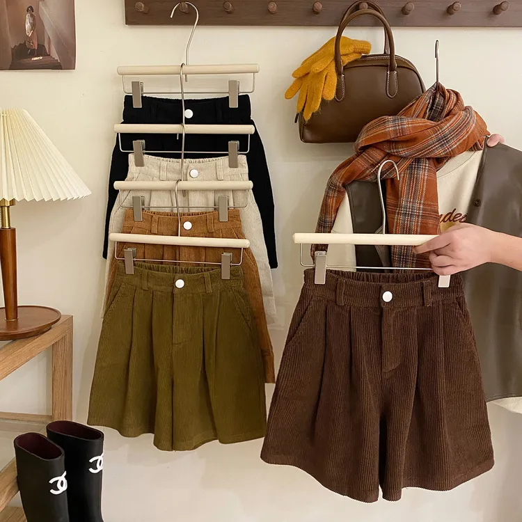 高级日系复古灯芯绒阔腿五分短裤女秋冬高腰宽松百搭气质外穿靴裤