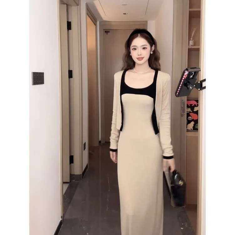 气质小香风撞色长袖套装女秋季新款百搭连衣裙+开衫两件套女00182