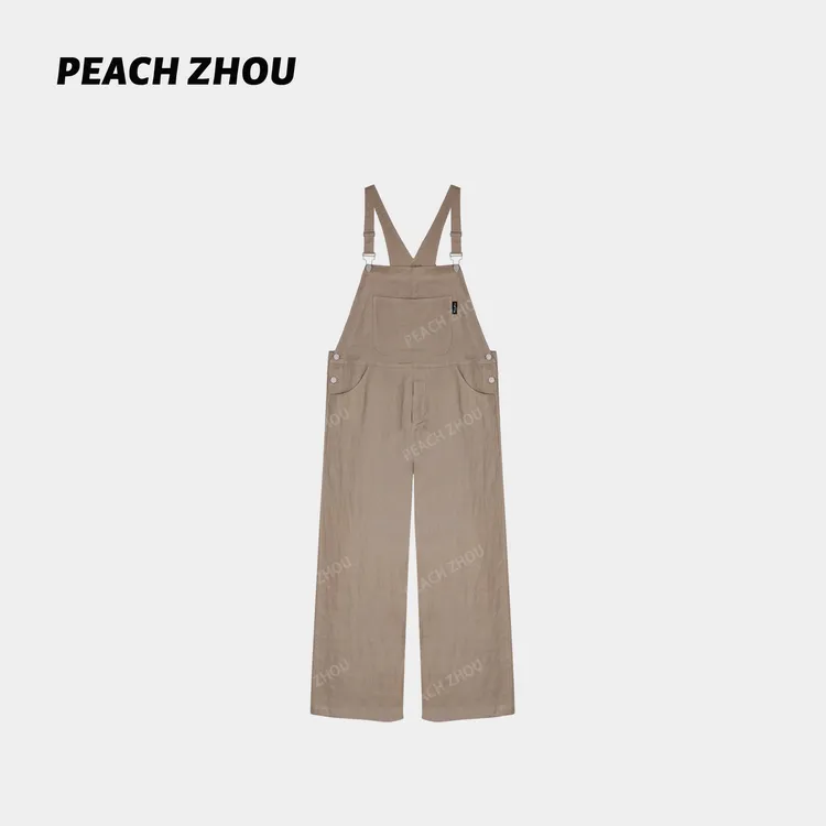 『PEACHZHOU』100亚麻薄款贴袋宽松工装背带裤松弛休闲阔腿连体长裤
