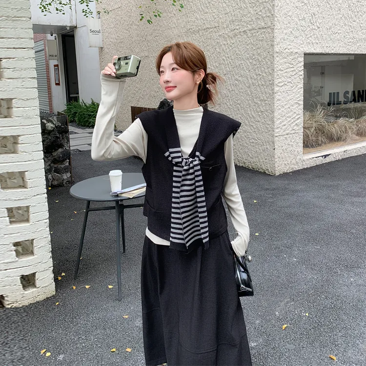 韩系休闲ins风马甲内搭半裙套装2025春秋新款松弛感慵懒风三件套