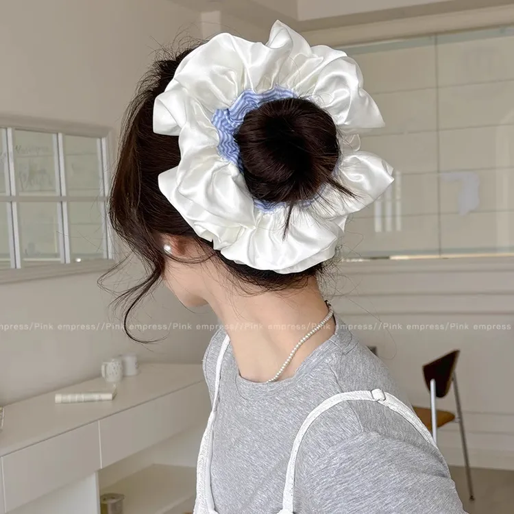 奶油缎面花边蓝条纹大肠发圈女氛围感公主头花高级感扎发头绳发饰