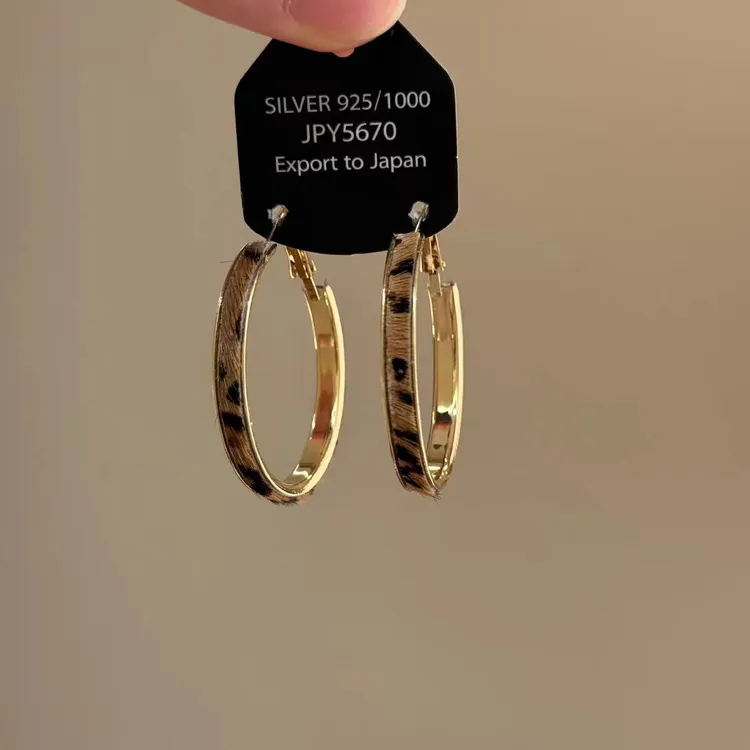 925银针港风金色豹纹耳圈女耳饰大圈圈方圆脸耳钉气质百搭耳环