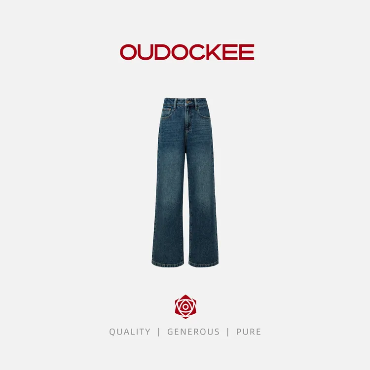 OUDOCKEE 鸥鸥【棉】口袋牛仔裤 蓝色复古直筒高腰显长 NACN639T