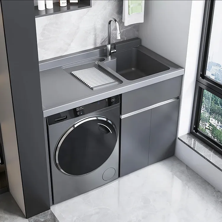 不锈钢阳台洗衣柜定制一体盆洗衣池带搓板槽台伴侣洗衣平盆高低盆