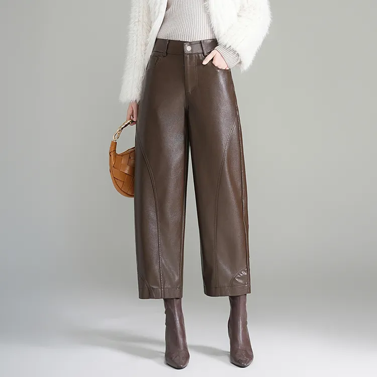 洋气香蕉裤女皮裤秋冬2025新款高腰弯刀哈伦裤宽松显瘦九分休闲裤
