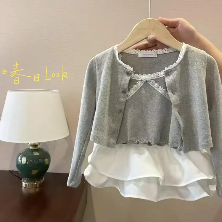 韩国女童春季套装25新款洋气儿童甜美长袖开衫吊带上衣两件套潮服