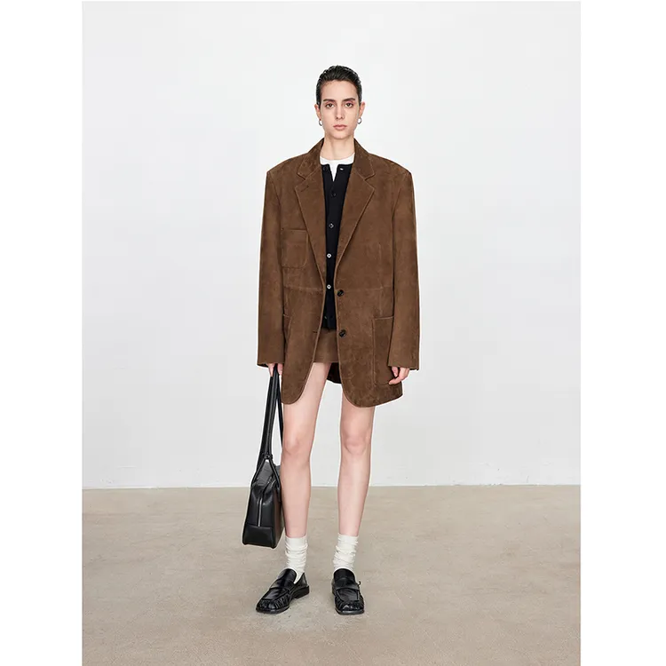 廓形翻领西装高级感西服美拉德风韩版常规仿皮上衣中长款长袖外套