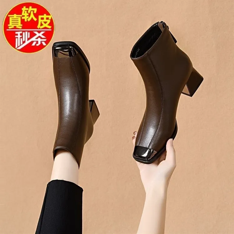 品牌断码真皮粗跟方头时尚高跟短靴软皮瘦瘦靴中跟百搭靴子秋冬季