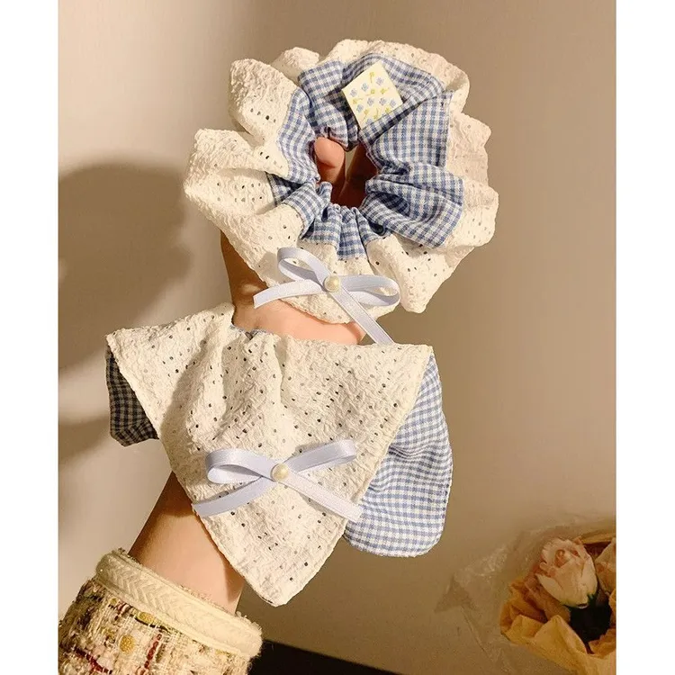 芭蕾风蓝色格子蝴蝶结大肠发圈女高级感扎头发低马尾大号头绳发饰