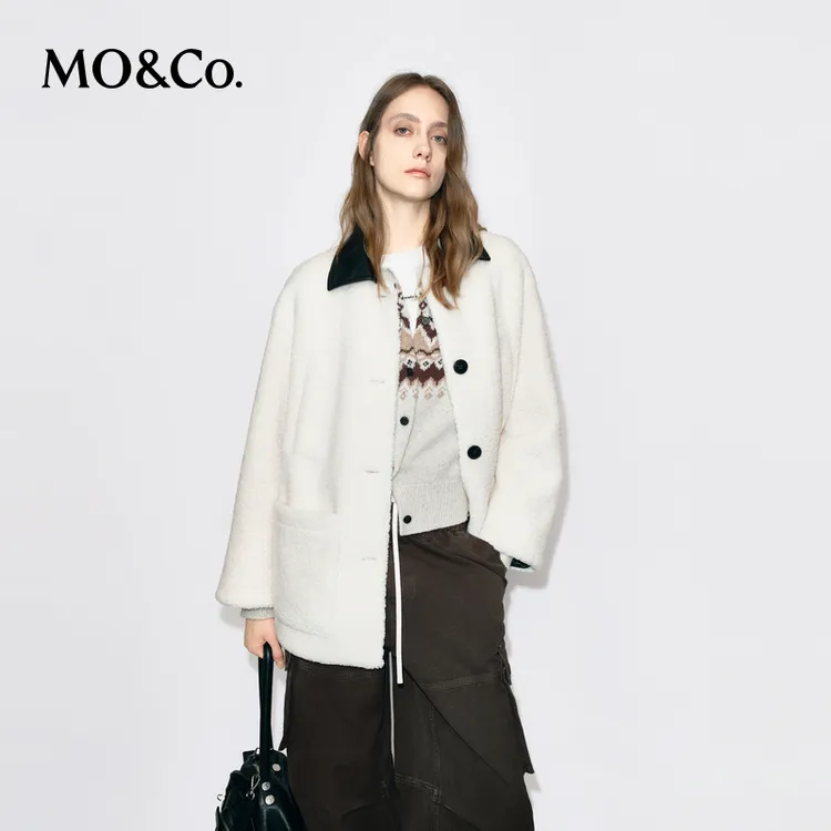 MOCO外套2025冬新品羔毛绒拼接素皮翻领机车风中性廓形MBE4COTT24