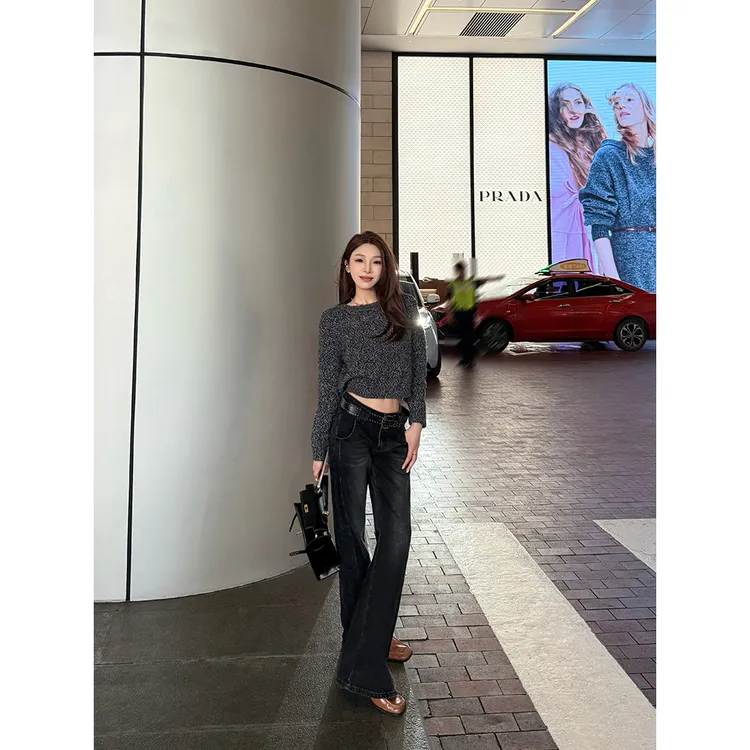 小王家/MeiLi秋季新款高腰显瘦微喇牛仔裤复古女款喇叭裤设计感