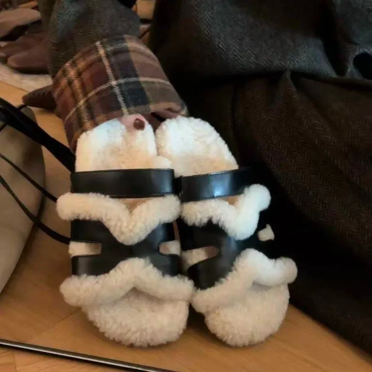 老钱风毛毛加厚二舅H毛拖鞋女外穿软皮魔术贴皮毛一体一字毛毛鞋